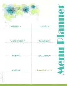 week meal plan with a teal colored header and blue flowers in the top left corner