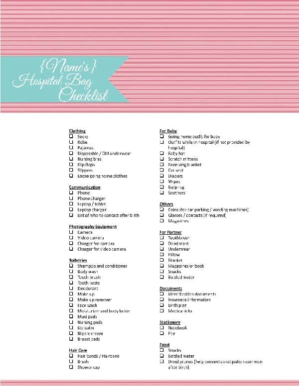 Printable hospital bag checklist for labor and delivery