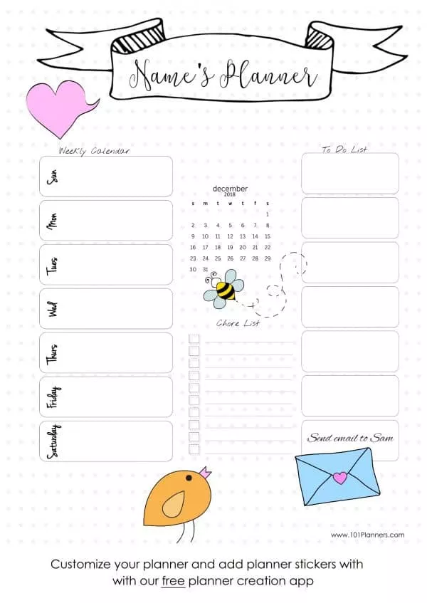 planner stickers to add to a digital planner. This examples shows 4 of them on a planner: a heart, bee, cute bird and cute envelope