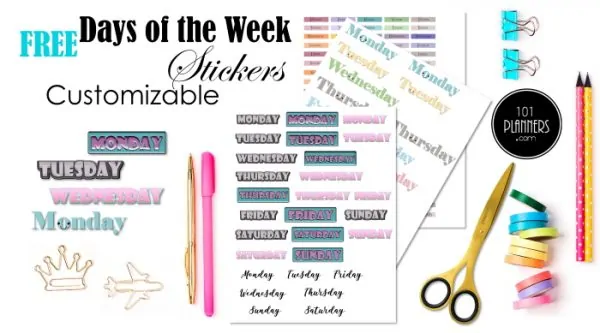 Days of the Week Stickers with each day of the week in different colors and designs