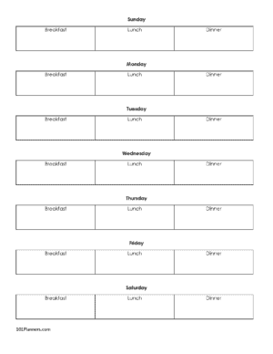 Weekly menu planner with 3 boxes per day. Very plain and simple. Black and white.