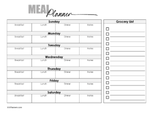 Meal log with 3 meals a day, snacks and a grocery list