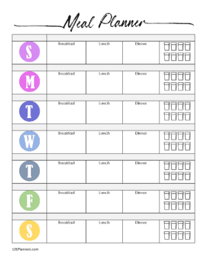 Meal planner with breakfast, lunch, dinner and 8 glasses to track water intake