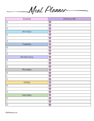 menu planning template in pastel colors with heart shaped icons on the grocery list and space for three meals a day
