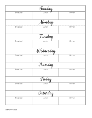 Weekly meal planner with pretty titles (days of the week in calligraphy)