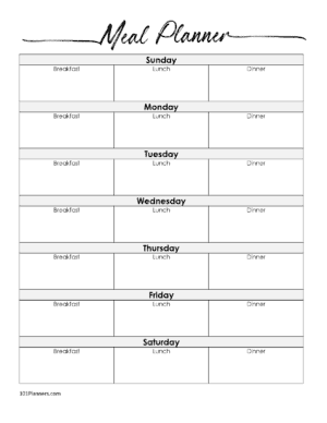 This meal plan chart is in black and white with space to plan 3 meals a day
