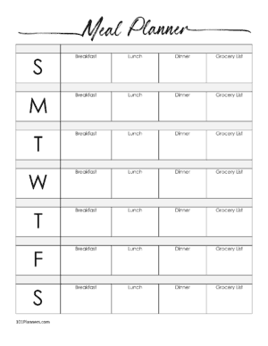 meal plan sheet to plan 3 meals a day and space to write groceries you need to buy for each day's meals