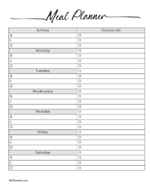 weekly meal planner template with grocery list in black and white