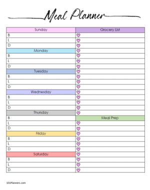Meal prep planner with pastel colored titles and two sections: meal prep and grocery list with pink heart bullet icons.