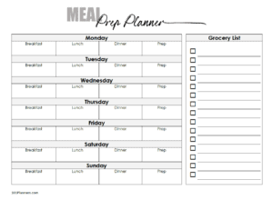 meal prep calendar with a weekly grocery list and square bullet icons. Space to write meal prep each day.