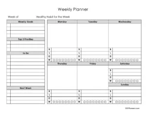Weekly Planner with menu plan template, water tracker, weekly goals, top 3 priorities, next week
