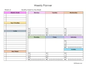 Weekly planner with meal plan, to do list, top priorities, meals, water tracker and things to move to the next week