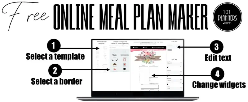 online meal plan maker (1. select a template. 2. select a border. 3. edit text. 4. change widgets)