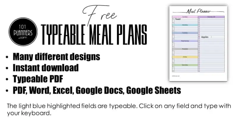weekly meal plan templates: many different designs, instant download, typeable PDF, Word, Excel, Google Docs, Google Sheets