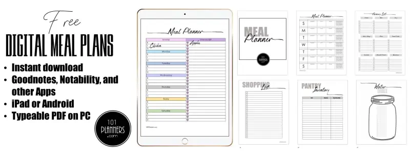 Free digital meal plans: instant download, Goodnotes, Notability and other apps, iPad or Android, typeable PDF on PC with 7 sample pages