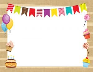 Birthday frame with balloons, cakes and a party banner