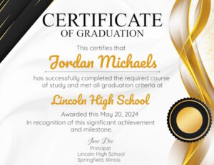 Graduation Certificate template with a black and gold border