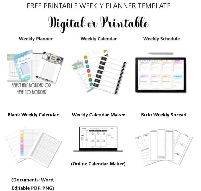 Five Day Weekly Planner Printable & Fillable PDF Week Days 