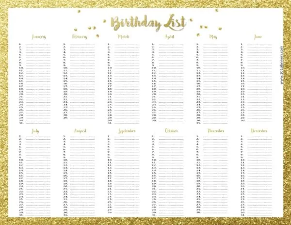birthday calendar template