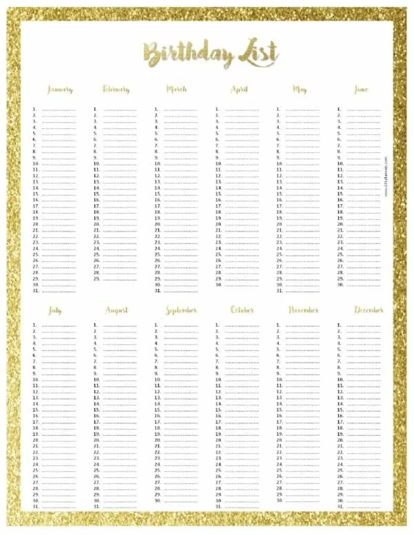 birthday list template with gold glitter frame