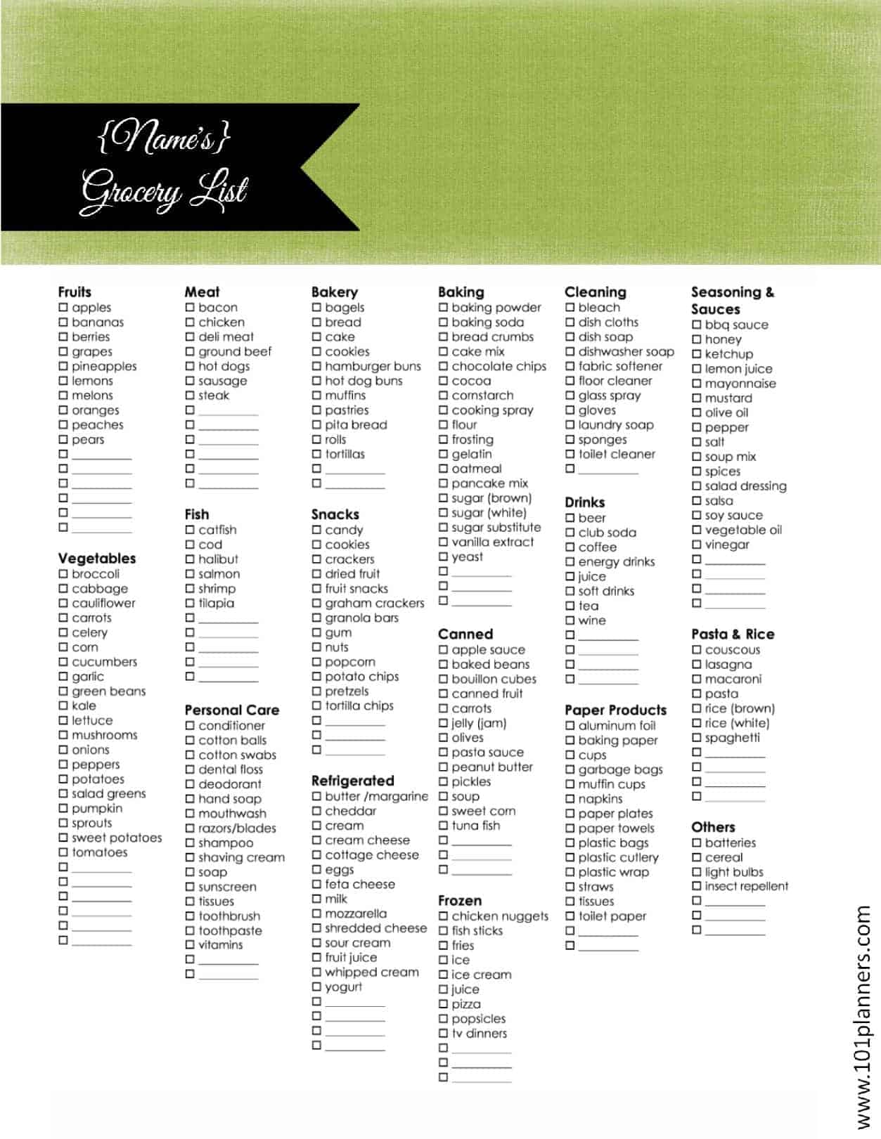 Printable Grocery List Template Free Download