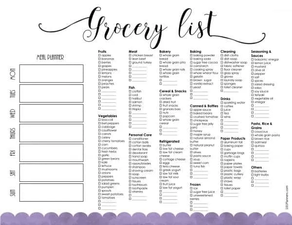 Grocery list with weekly menu