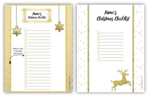 Christmas checklist with gold borders and gold clipart with Xmas themes