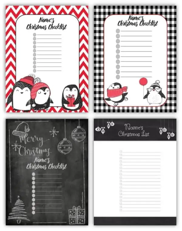 Christmas checklist template with 4 samples: 2 with chalkboard borders, chevron border and gingham. All have cute images on them.
