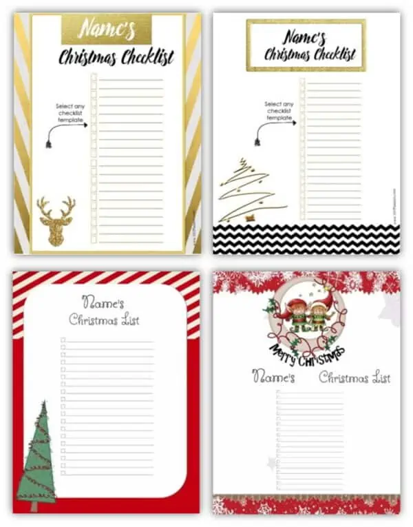 Christmas checklists with gold or red borders and editable titles