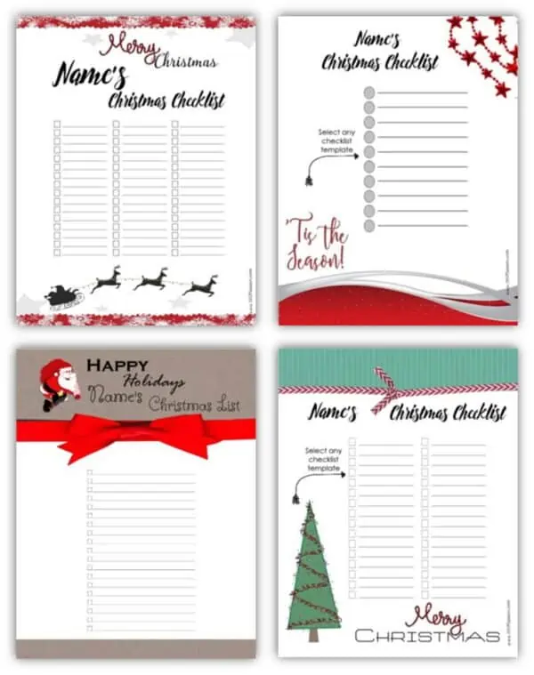 Christmas list template samples with four different designs all have borders with a Christmas theme
