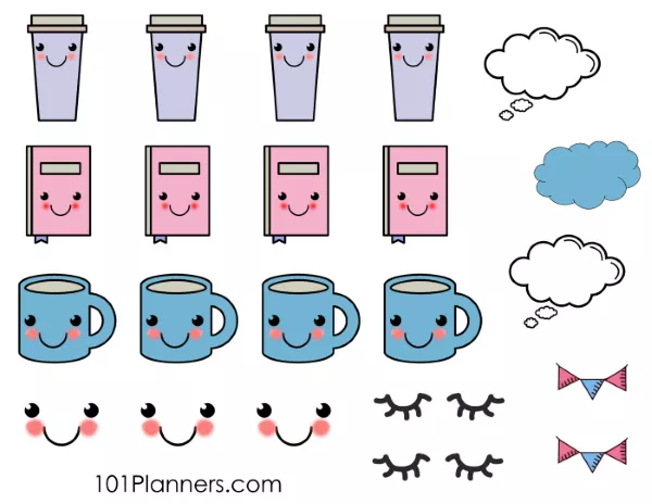 cute stickers with cute faces, coffee cups, planners, banners and speech bubbles