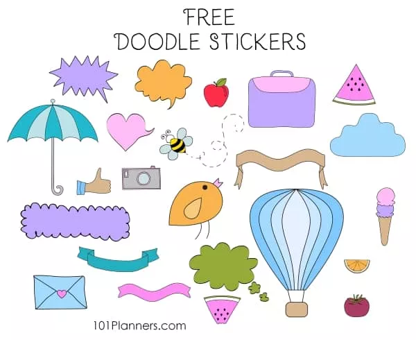 Doodle stickers with cute doodles in different colors (there are 20 images including an umbrella, hot air balloon, ice cream, apple, watermelon, envelope, banners, and speech bubbles.
