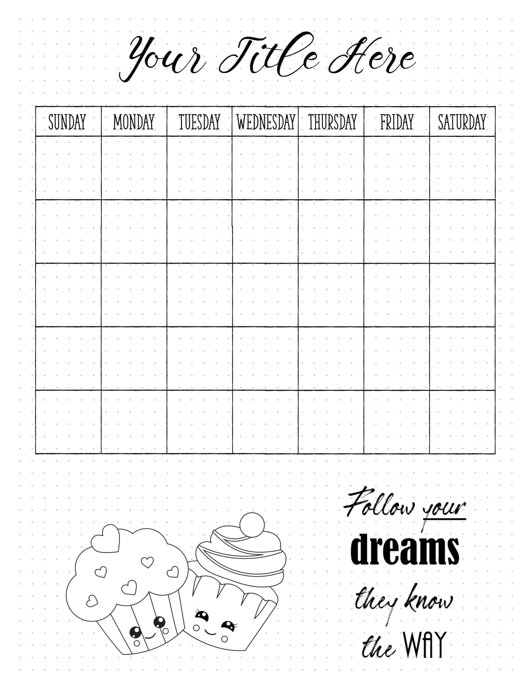 Bullet Journal Calendar Free customizable printable