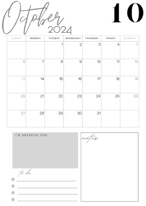 2024 calendar with a section for notes, to do and gratitude