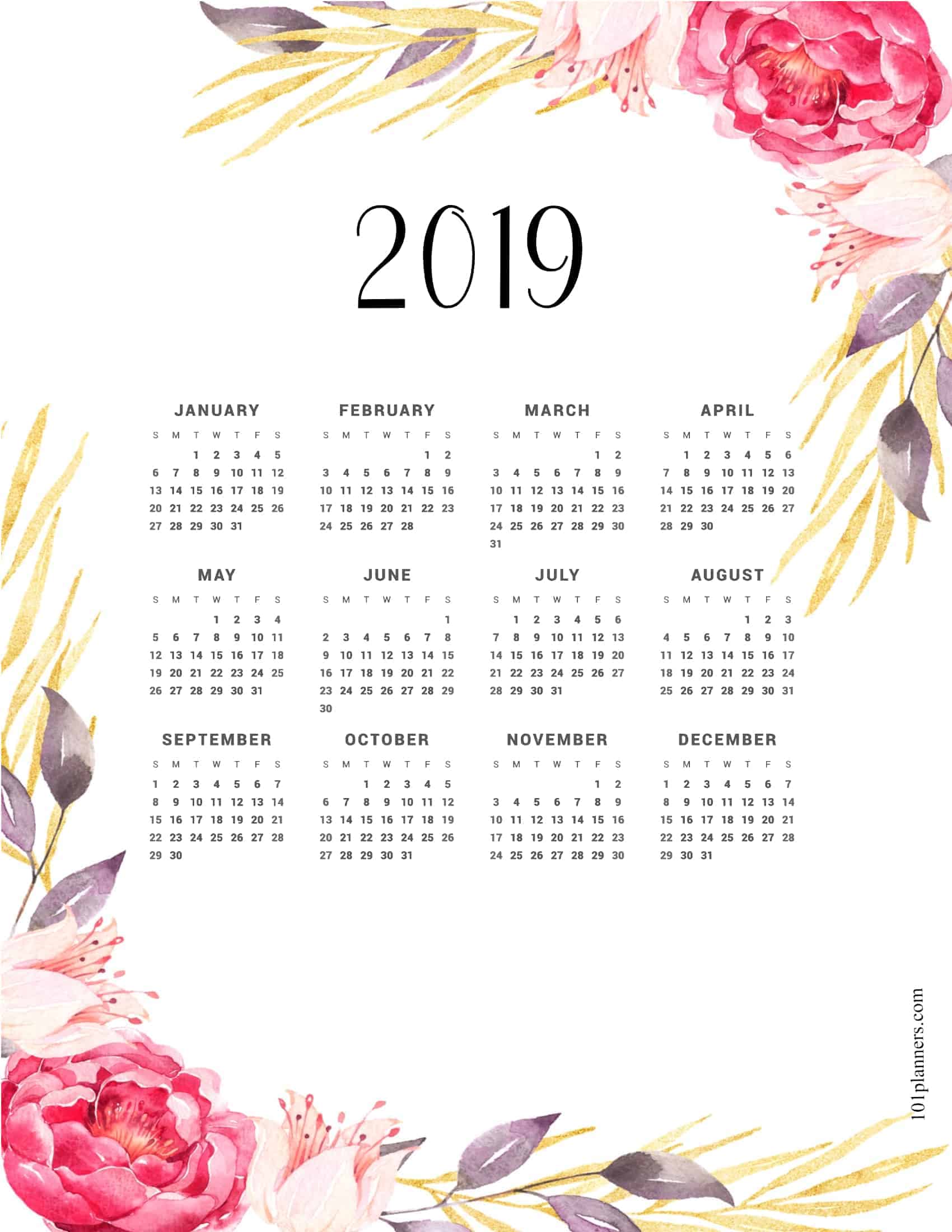 free printable 2019 yearly calendar at a glance 101