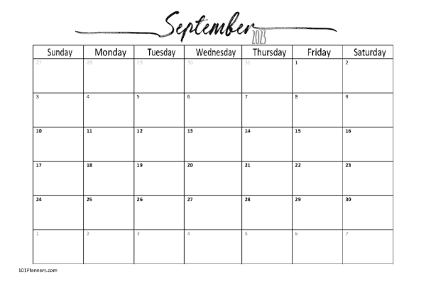 Blank September calendar