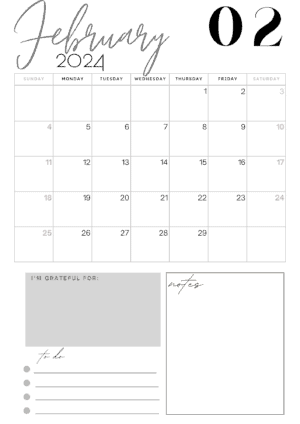 2024 calendar with a section for notes, to do and gratitude