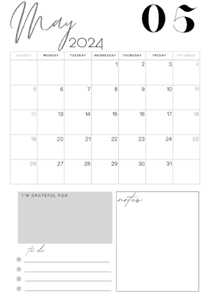 Blank calendar with a section for gratitude, notes, and to do