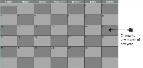 Excel calendar (text: change to any month of any year)