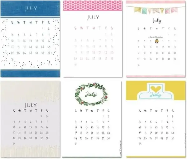July calendar printables