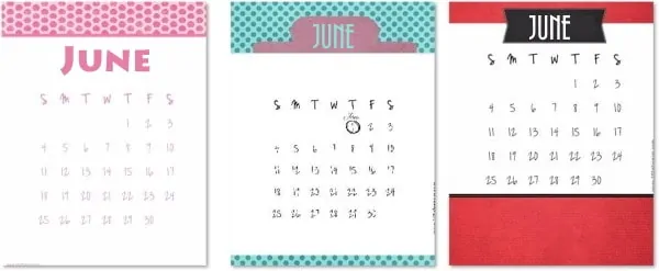 calendars for June 