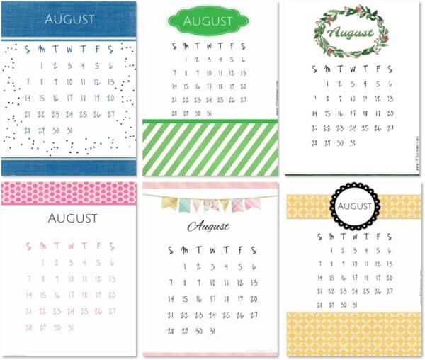 August calendar printables