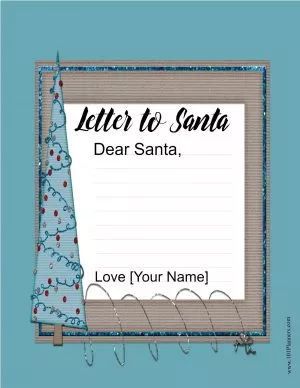 Teal template Santa letter with a cute Christmas tree and frame