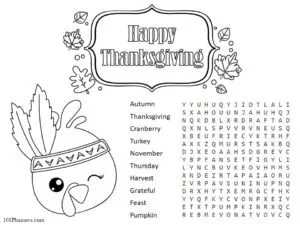 Printable Thanksgiving placemats for kids with a word search