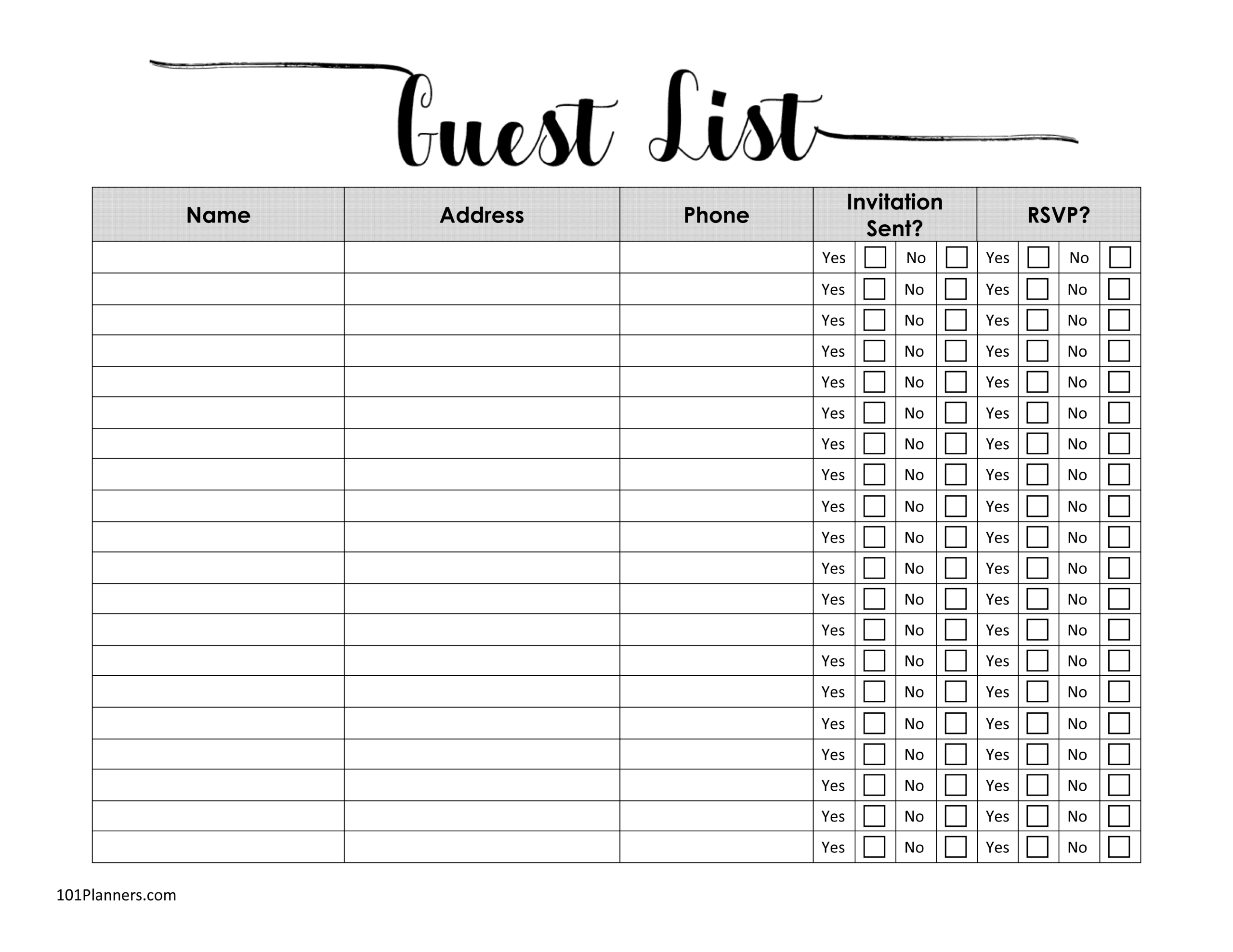 Free Printable Party Guest List