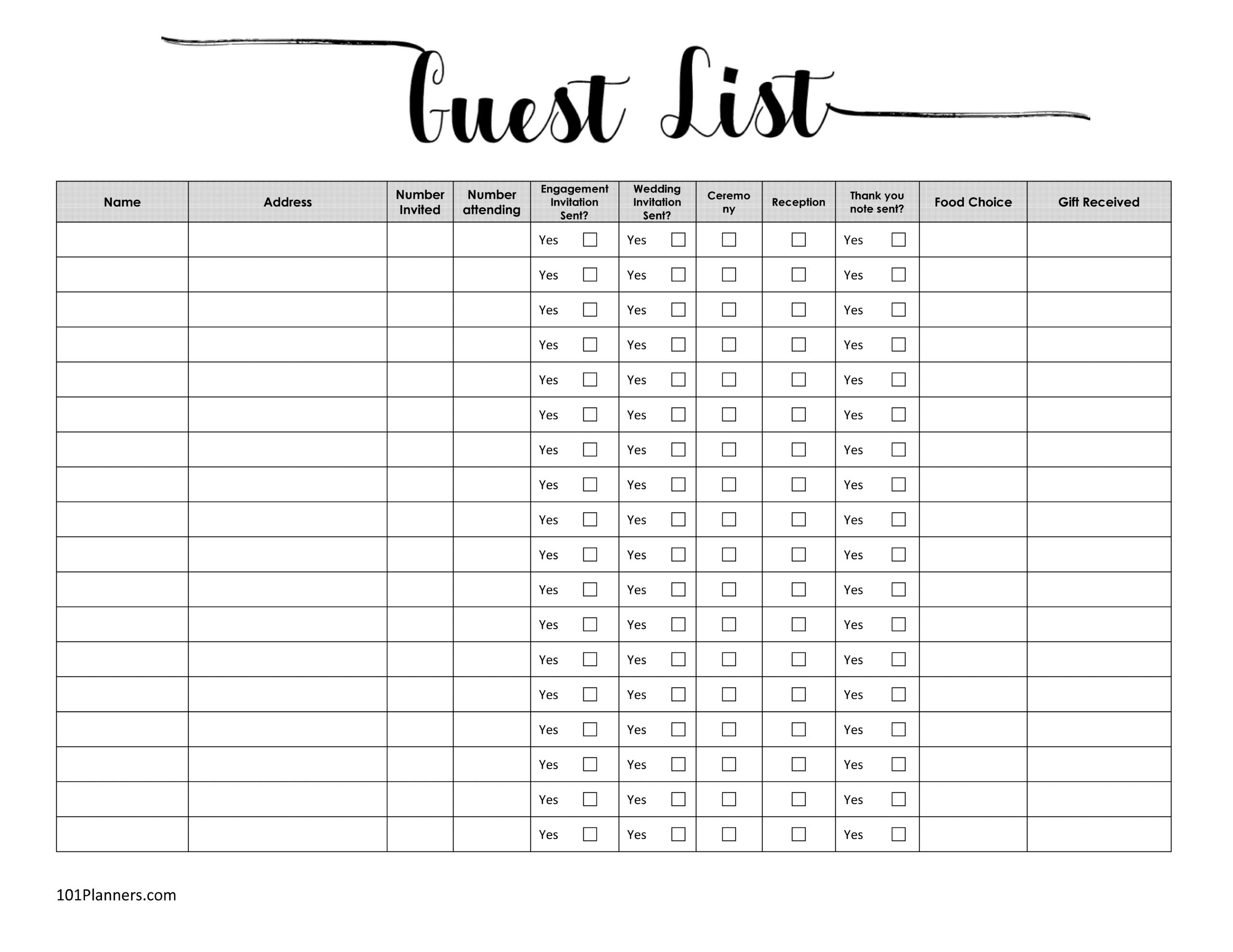 FREE printable guest list template Customize online