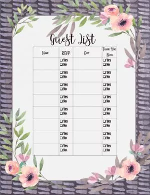 List to keep track of guests, RSVP, Gift & Thank You Note