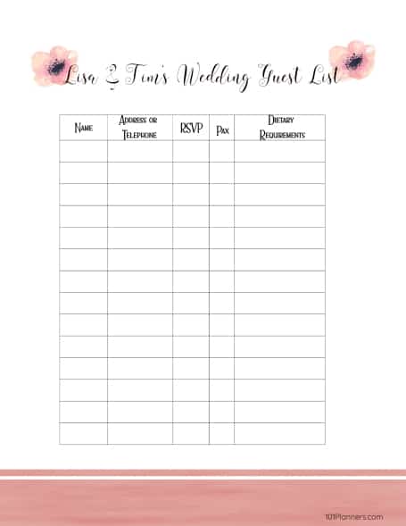 Excel Guest List Template from www.101planners.com