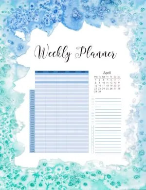 weekly planner with an hourly schedule, a calendar and a checklist