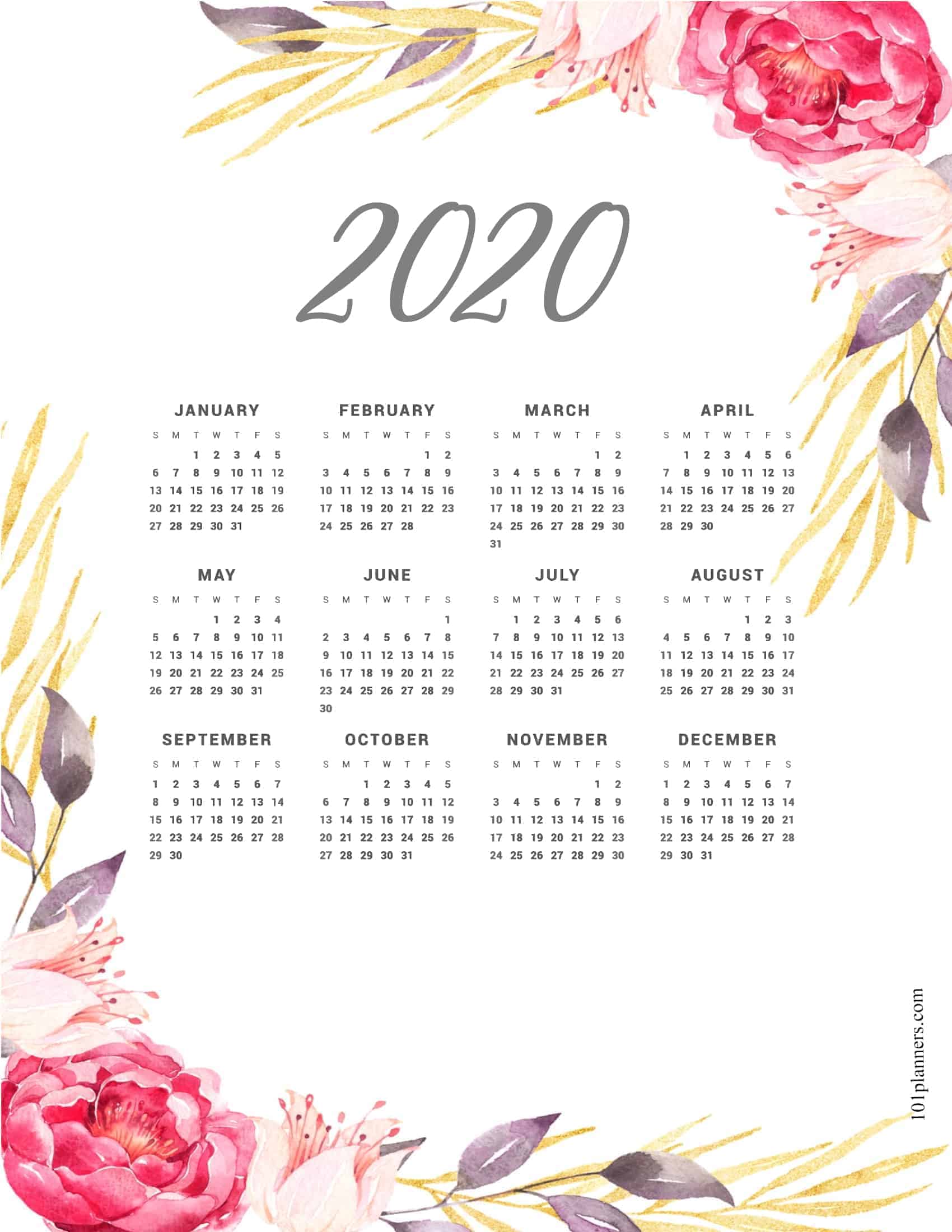 Free Printable 2020 Yearly Calendar At A Glance